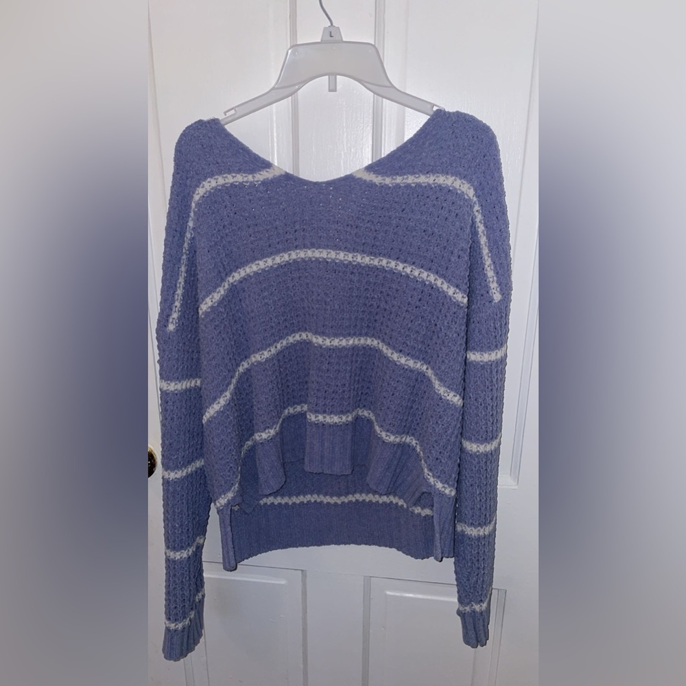 Light Blue and white striped sweater with cross back detail